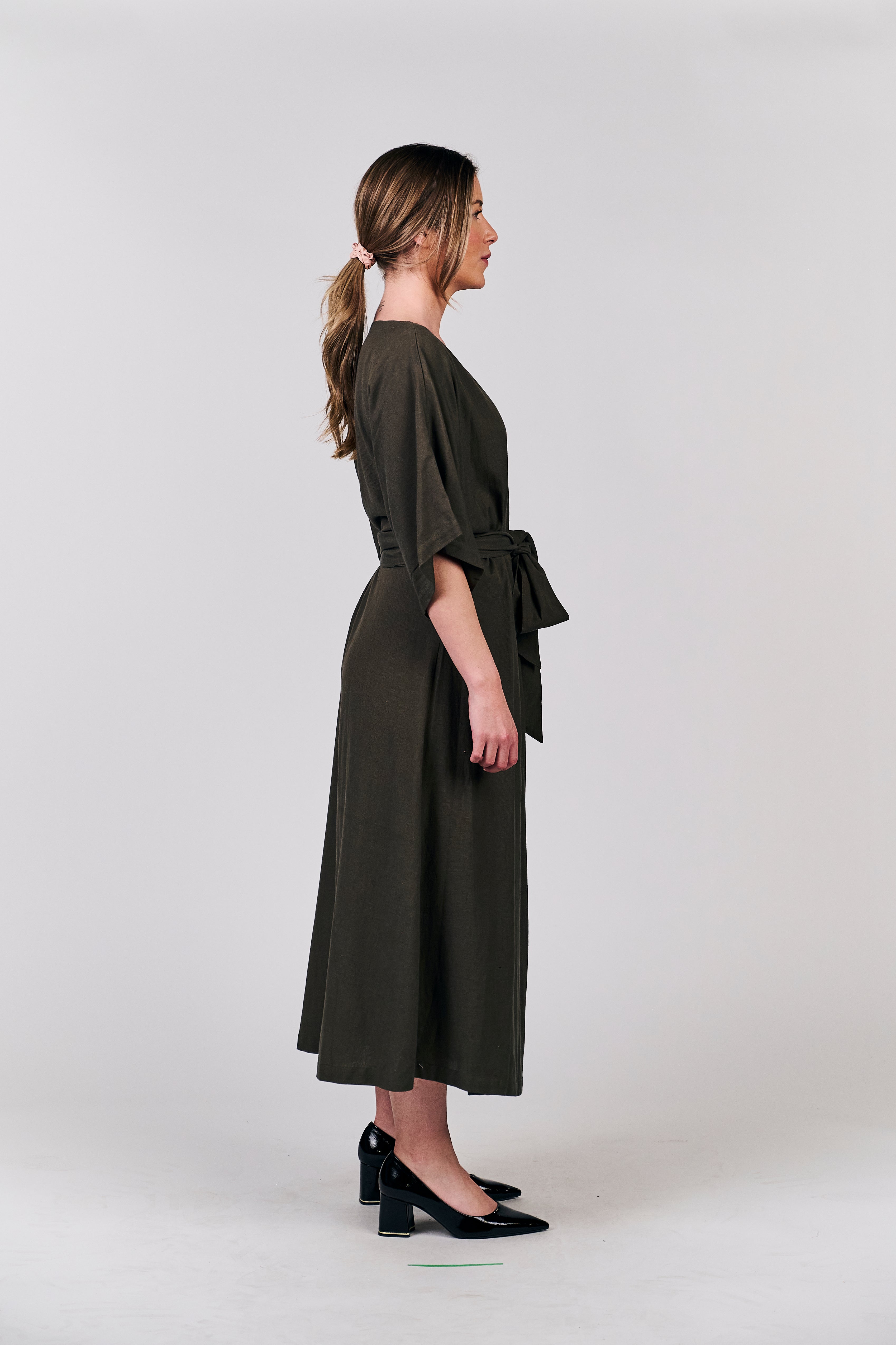 Relaxed V-Neck Wrap Maxi Dress in Olive