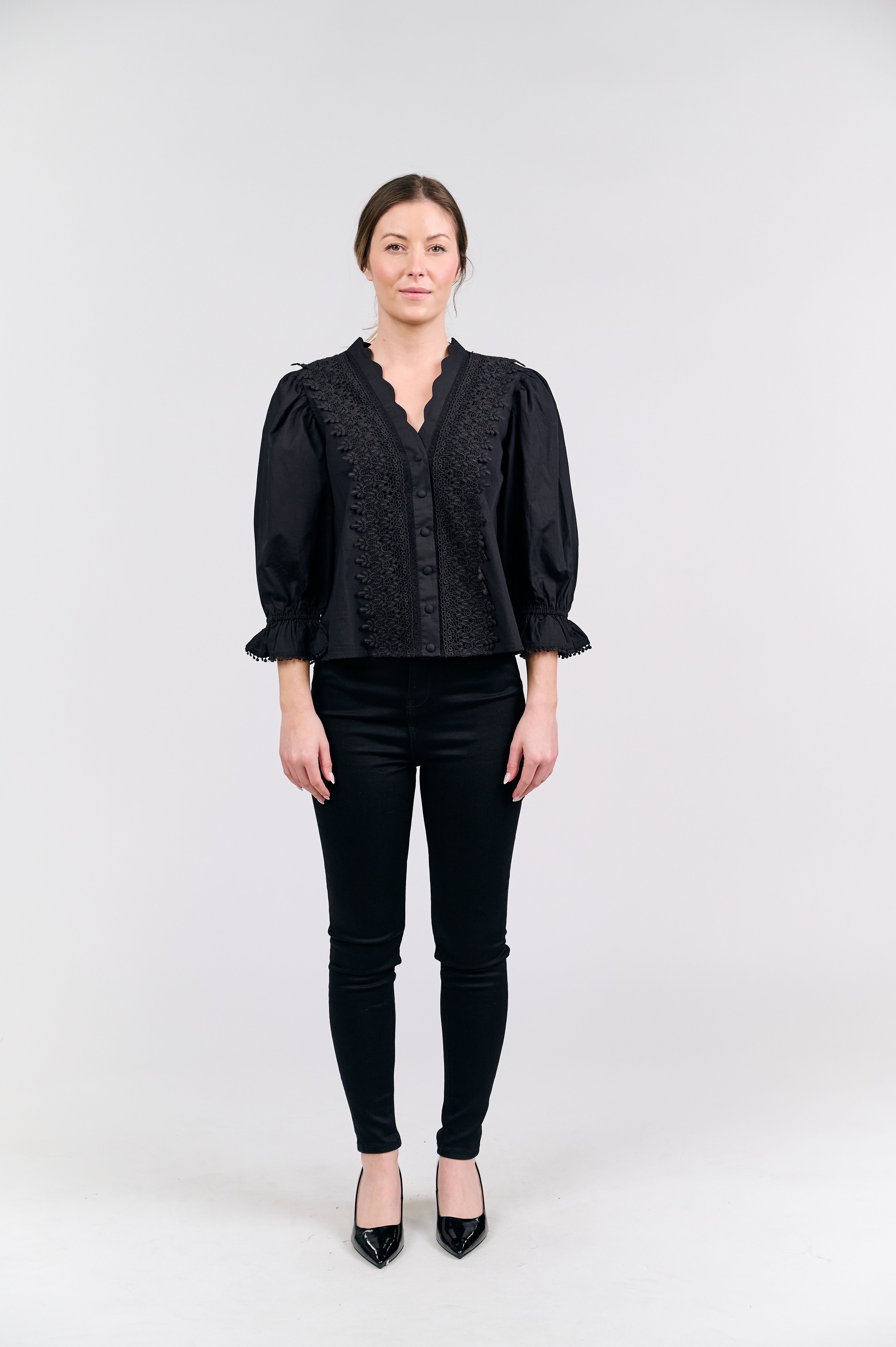 Black Embroidered Blouse with Puff Sleeves
