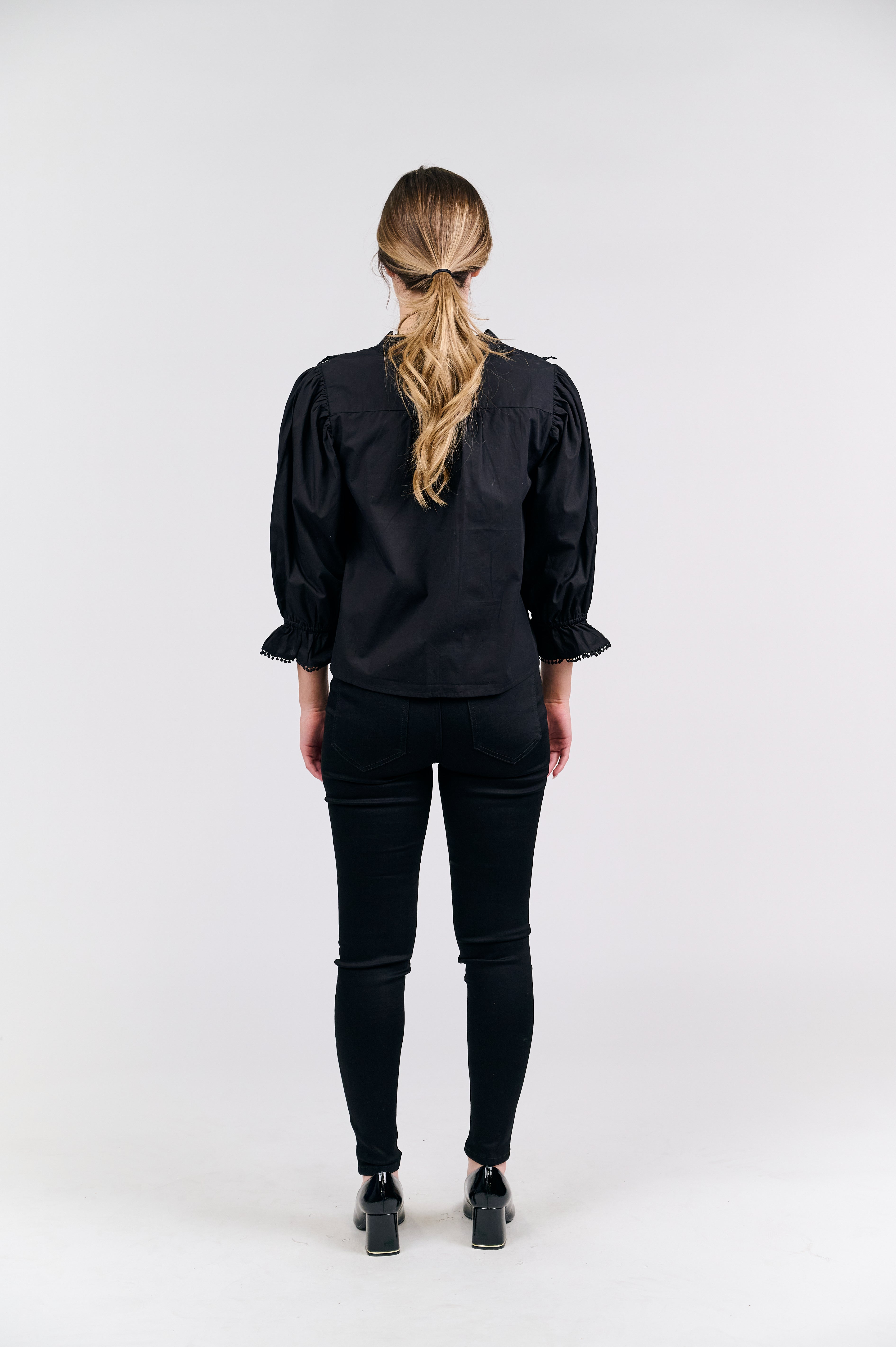 Black Embroidered Blouse with Puff Sleeves