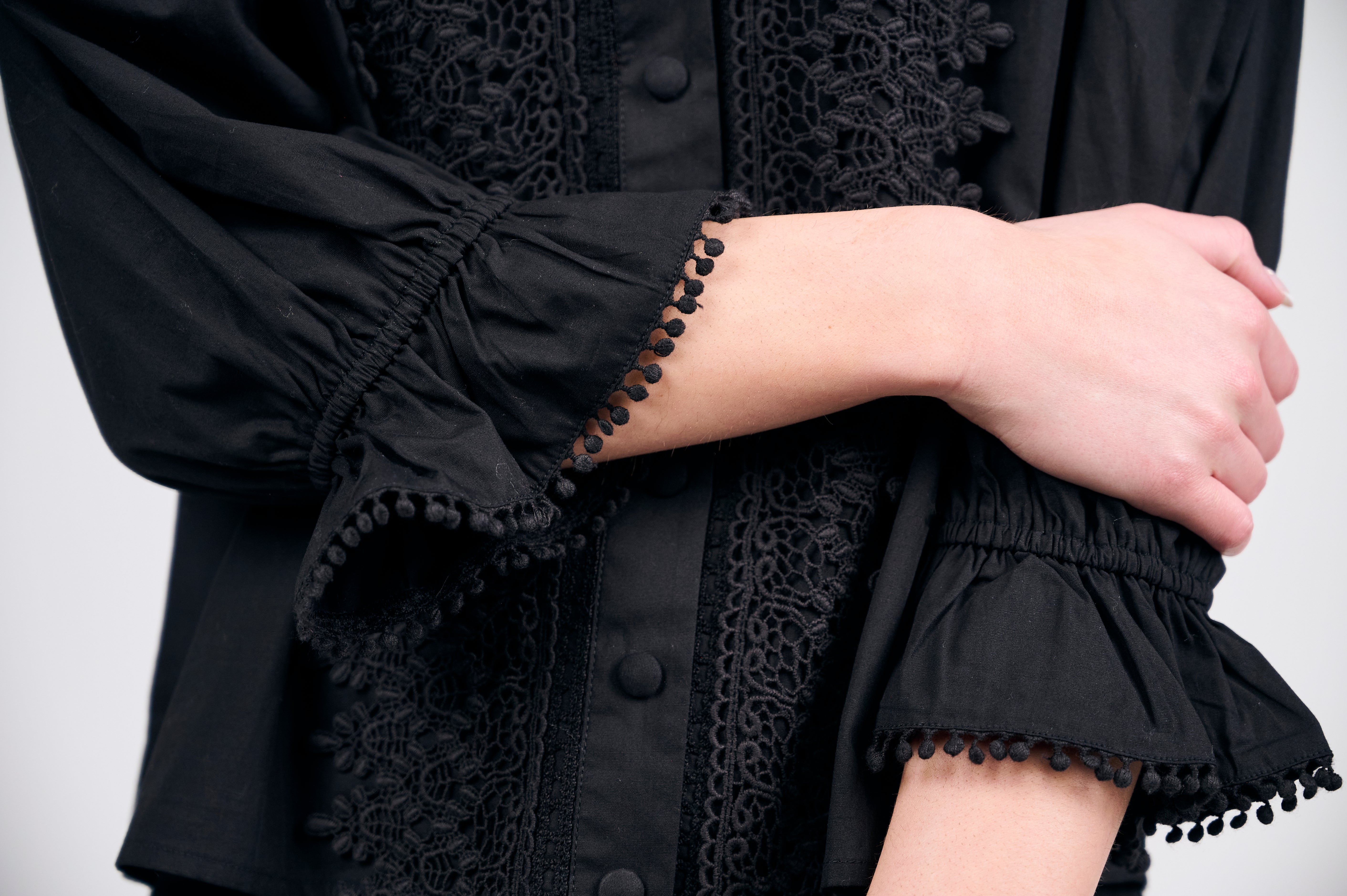 Black Embroidered Blouse with Puff Sleeves
