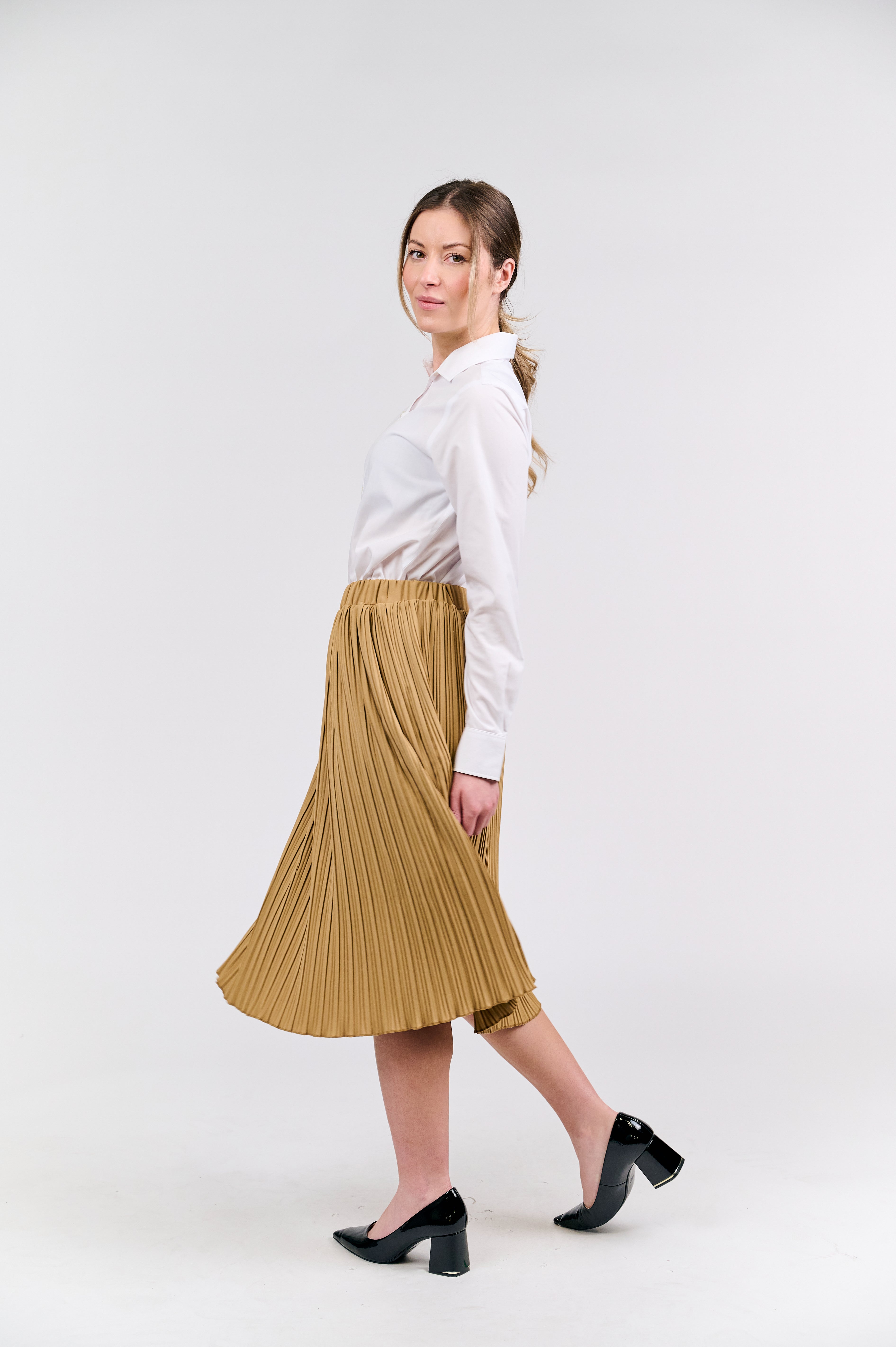 Camel Pleated Midi Skirt