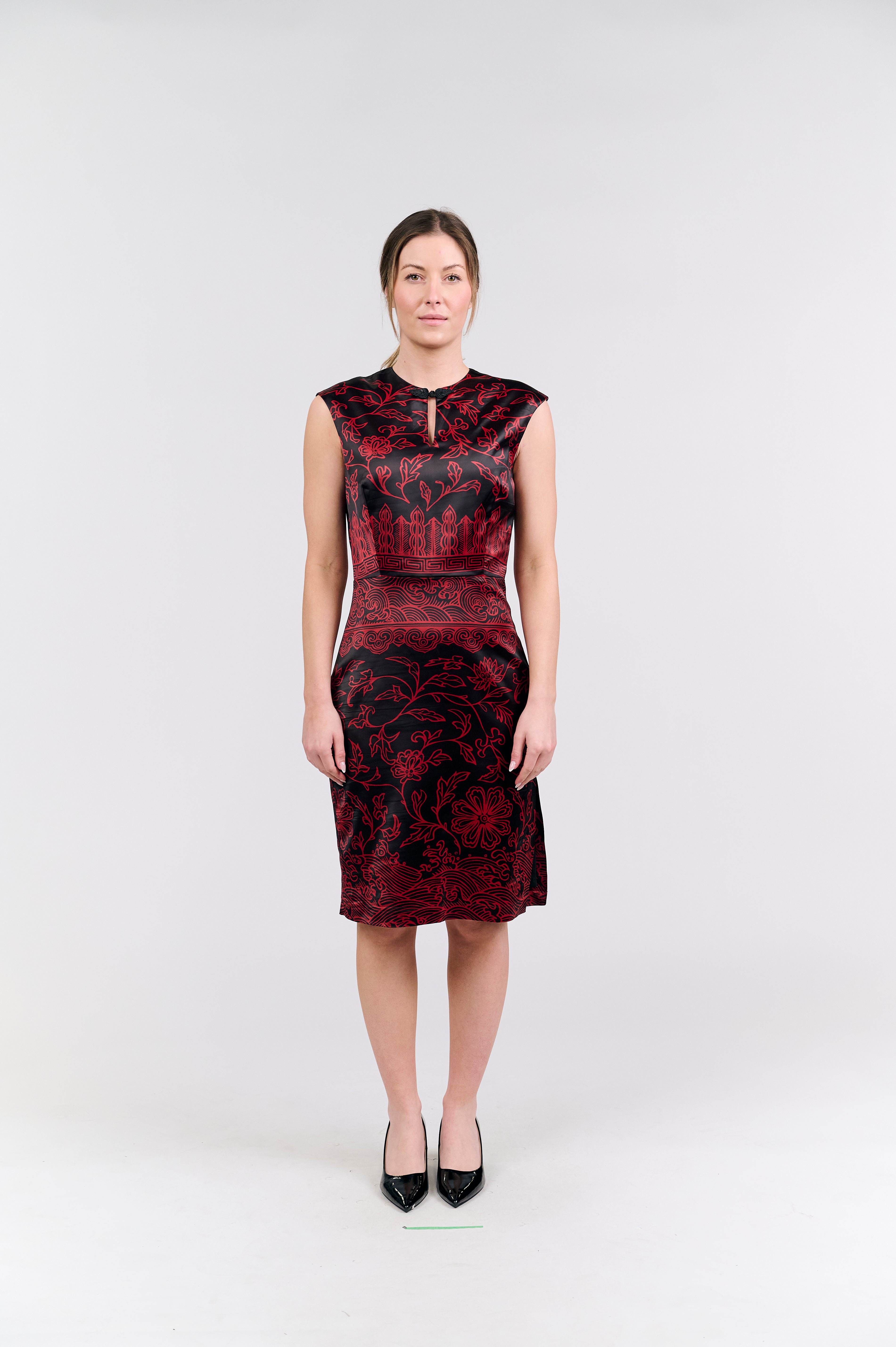 Elegant Black and Red Floral Satin Midi Dress