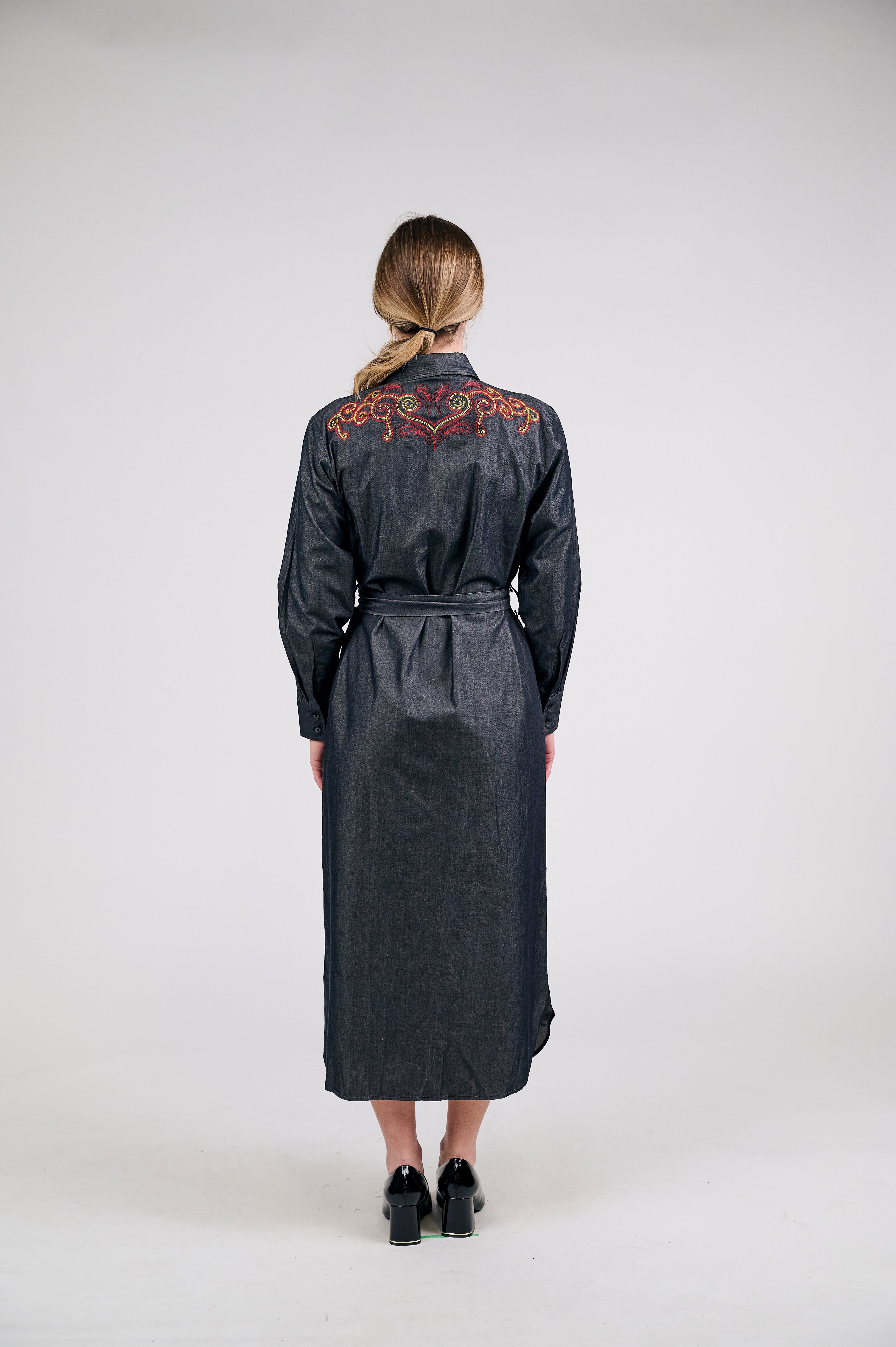 Denim Maxi Shirt Dress with Intricate Embroidery