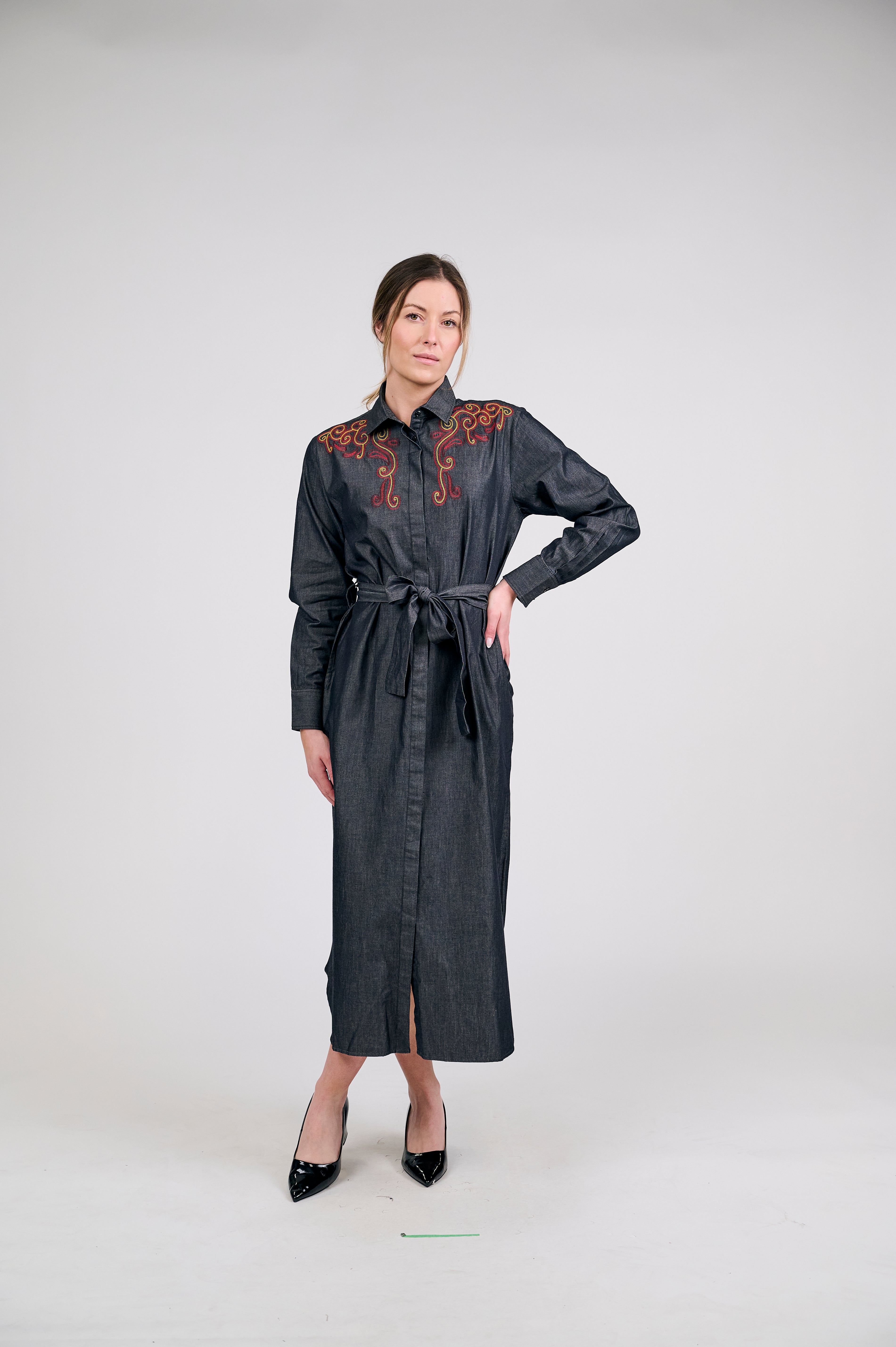 Denim Maxi Shirt Dress with Intricate Embroidery