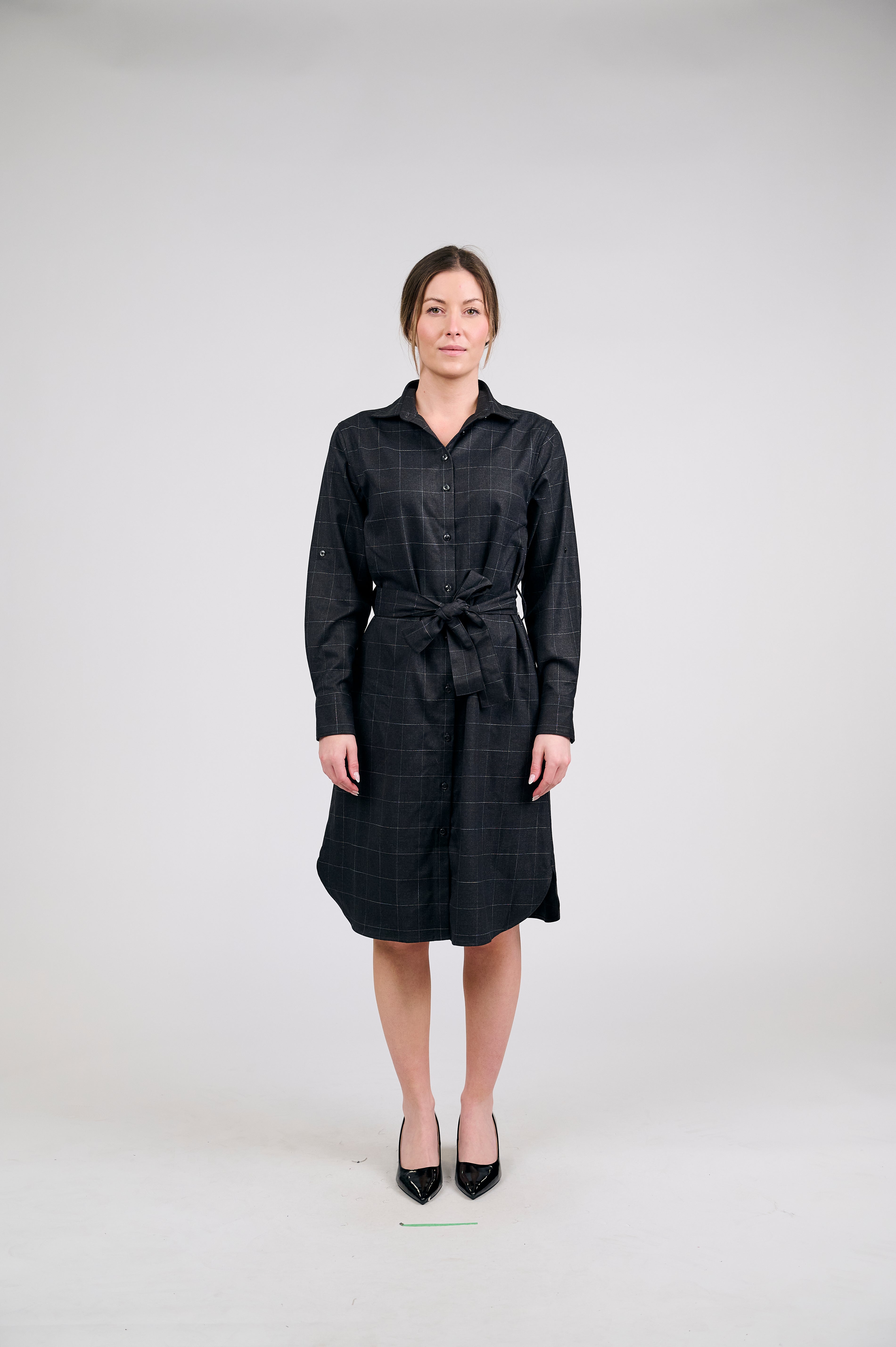 Elegant Black Plaid Shirt Dress with Waist Tie