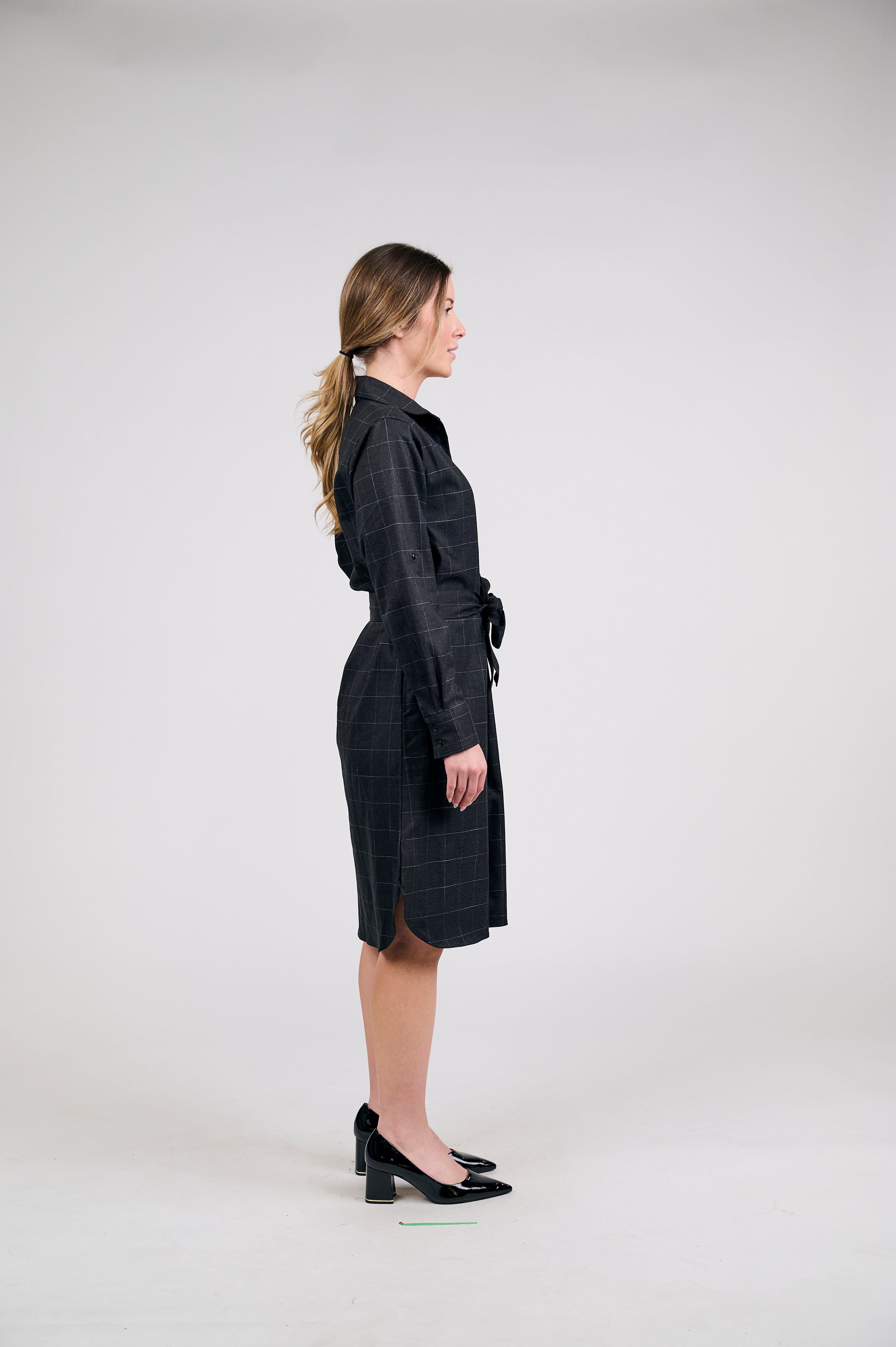 Elegant Black Plaid Shirt Dress with Waist Tie