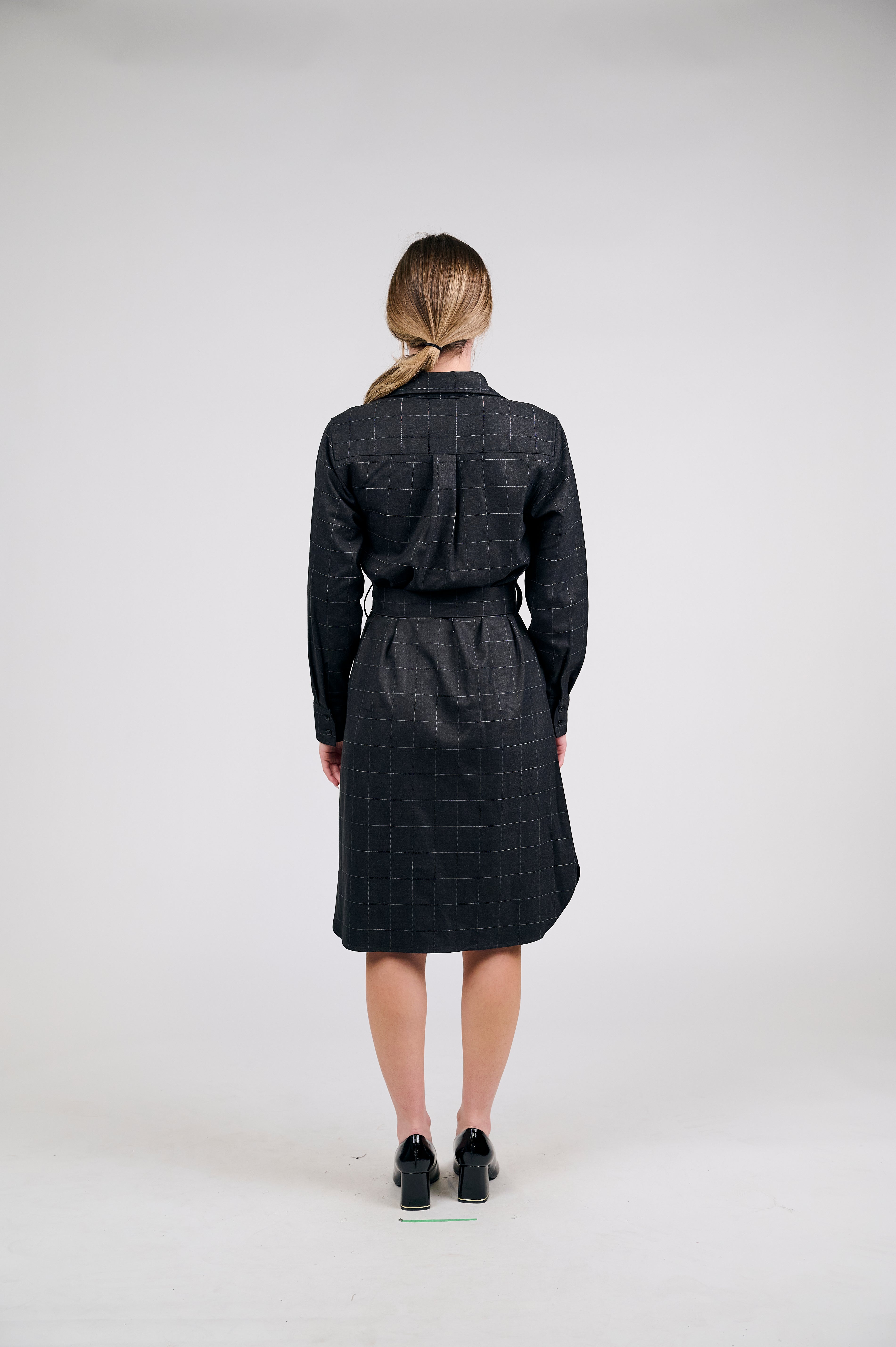 Elegant Black Plaid Shirt Dress with Waist Tie
