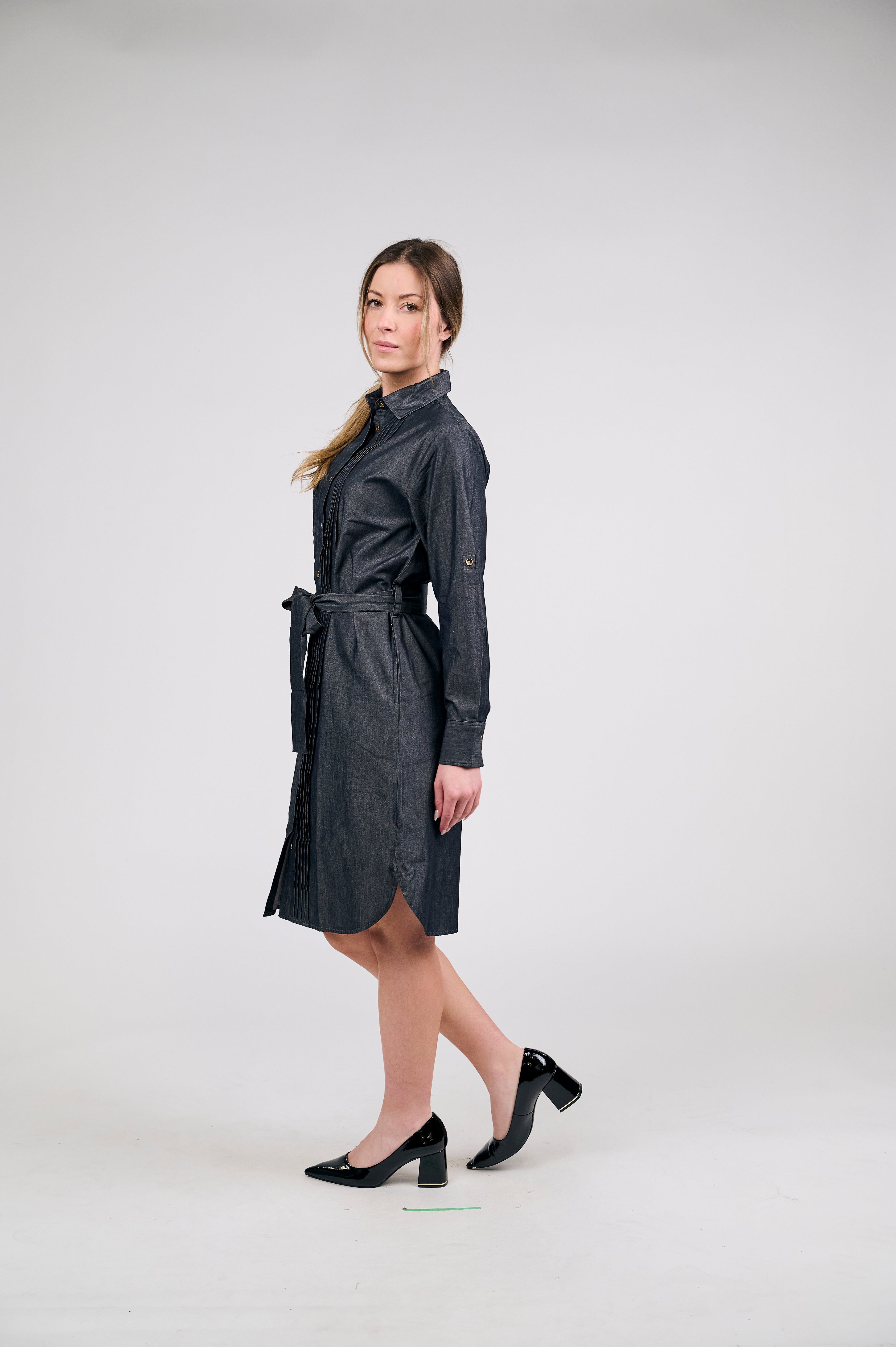 Classic Denim Shirt Dress with Pleated Front