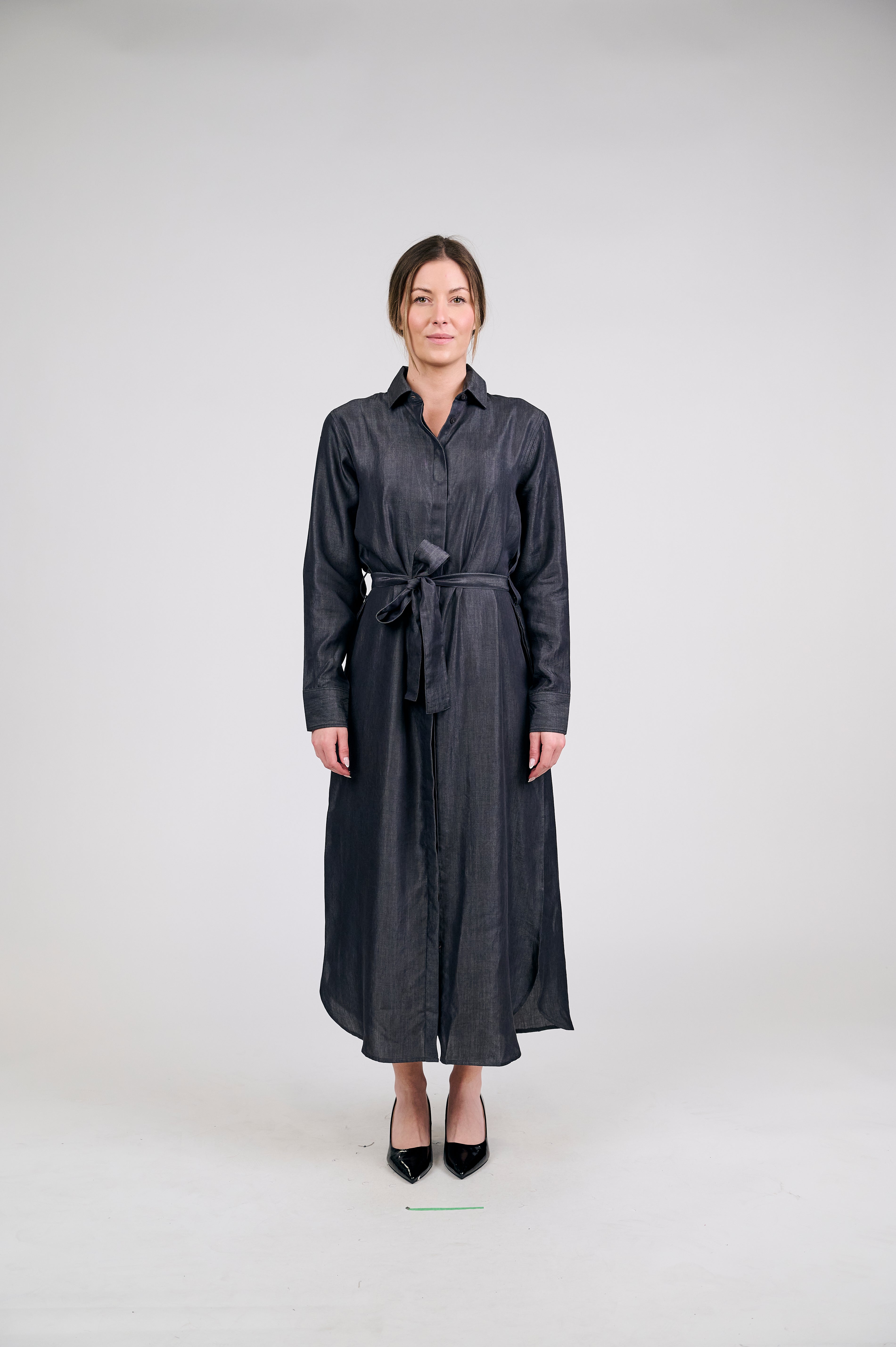 Women's Long Denim Shirt Dress with Tie Waist