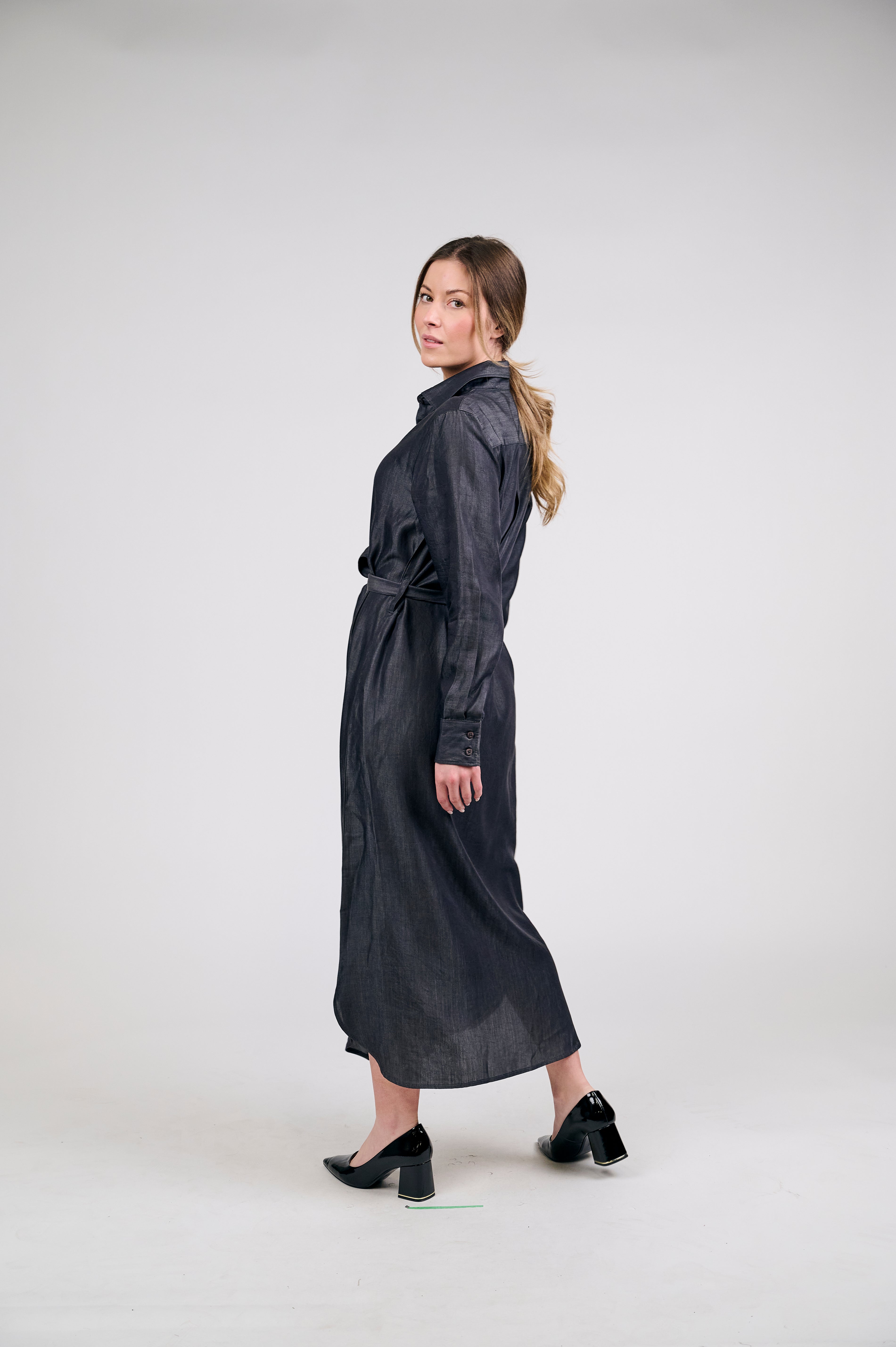 Women's Long Denim Shirt Dress with Tie Waist