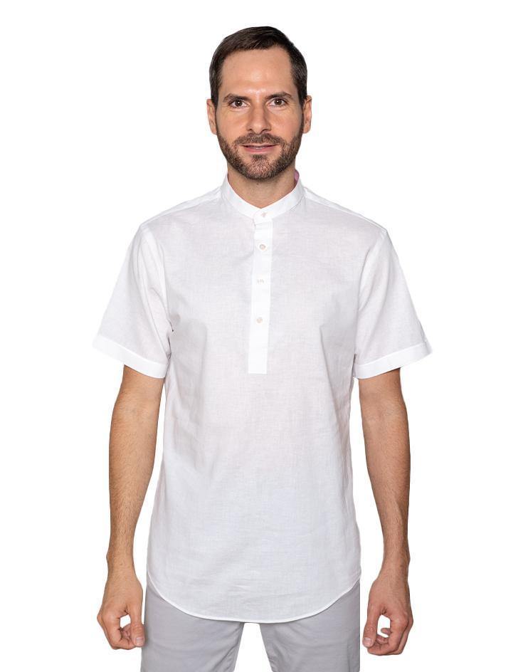 Men’s White Linen Henley Short Sleeve Shirt with Pink Inside Collar Contrast - Kloth Studio Inc. - klothstudio.com