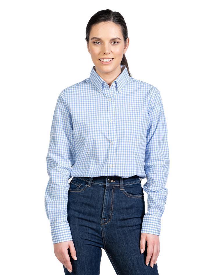 Women’s Blue and White Gingham Button Front, Collar Dress Shirt - Kloth Studio Inc. - klothstudio.com