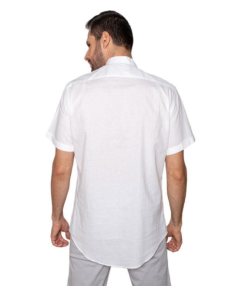 Men’s White Linen Henley Short Sleeve Shirt with Pink Inside Collar Contrast - Kloth Studio Inc. - klothstudio.com
