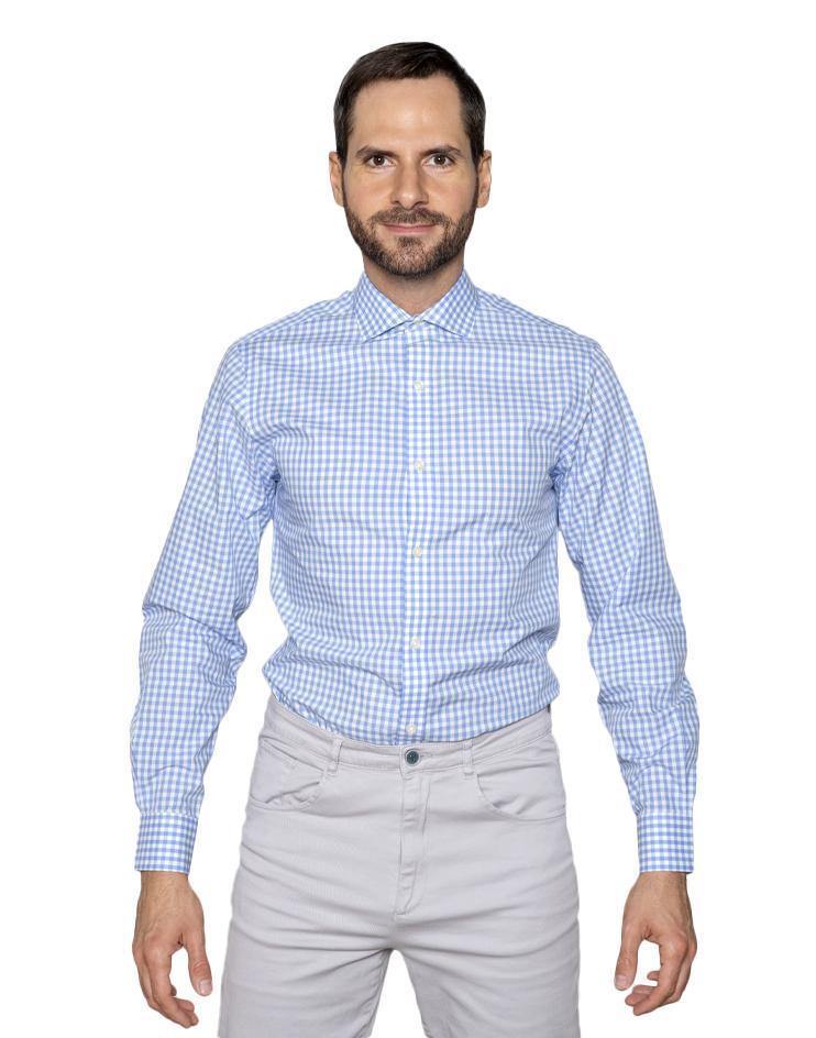 Men’s Blue and White Gingham Button Front, Collar Dress Shirt - Kloth Studio Inc. - klothstudio.com