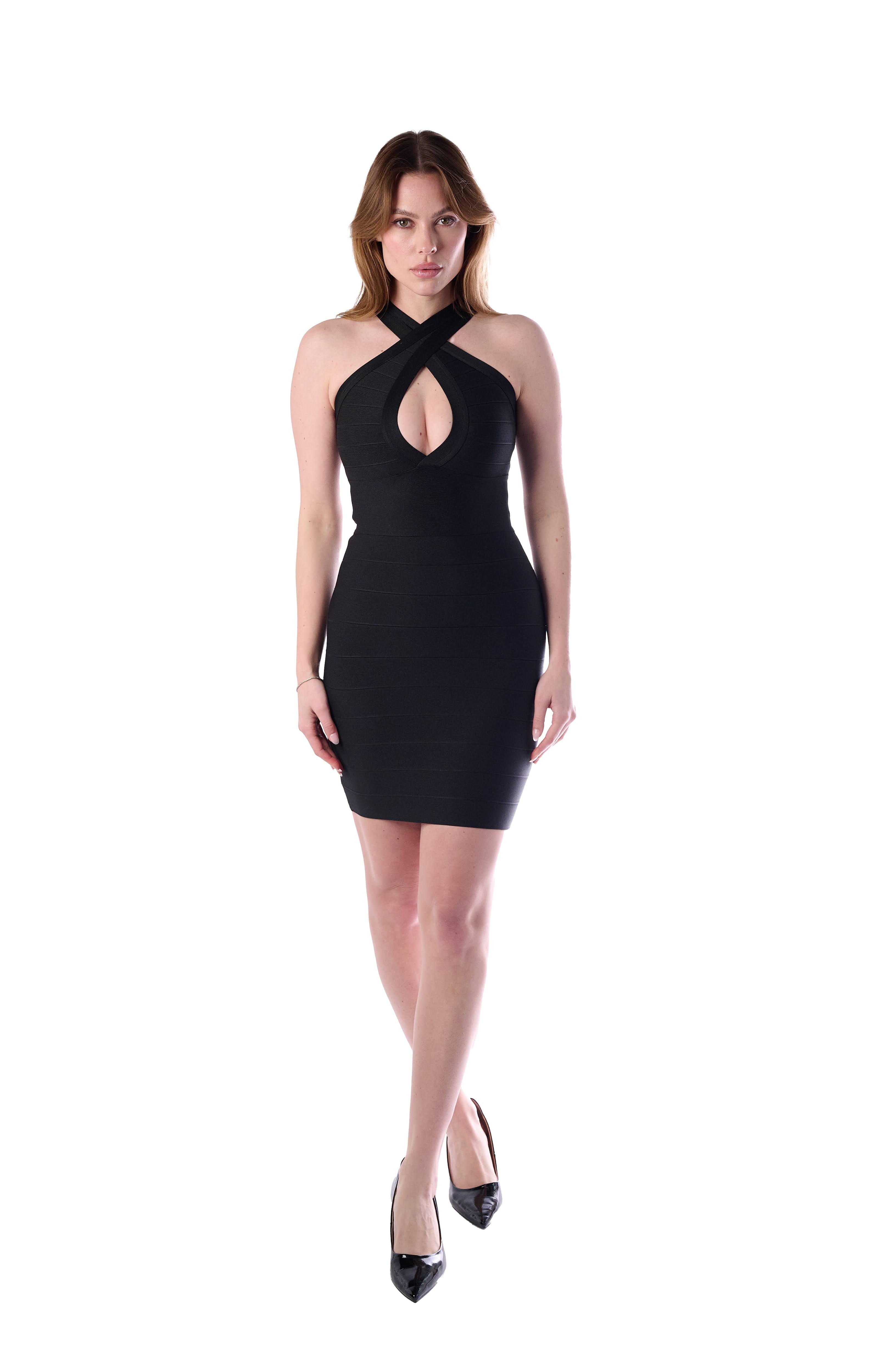 Black Sleeveless Bandage Dress with Criss-Cross Neckline