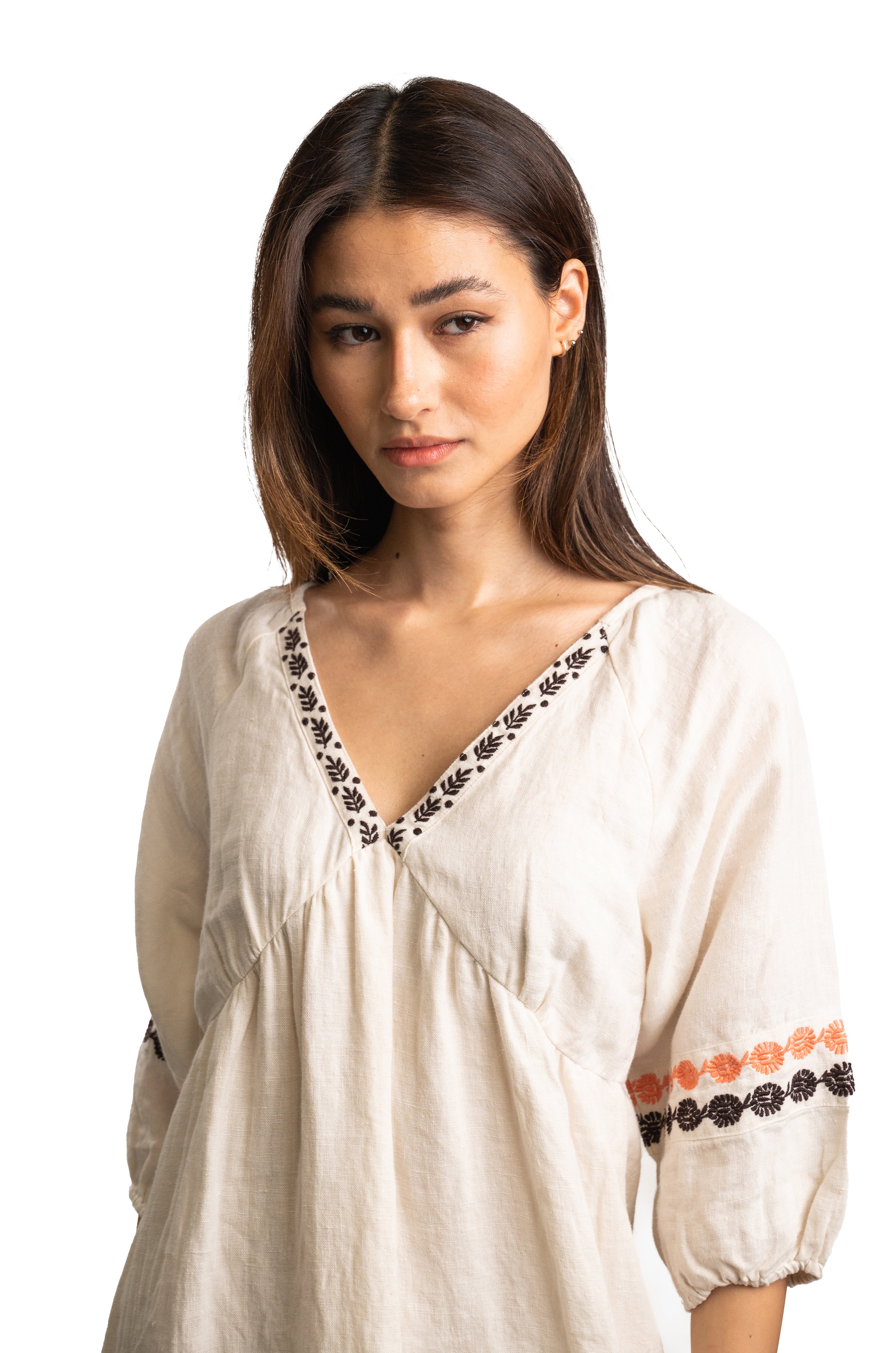 Off-White V-Neckline Maxi Dress with Brown Embroidery Details