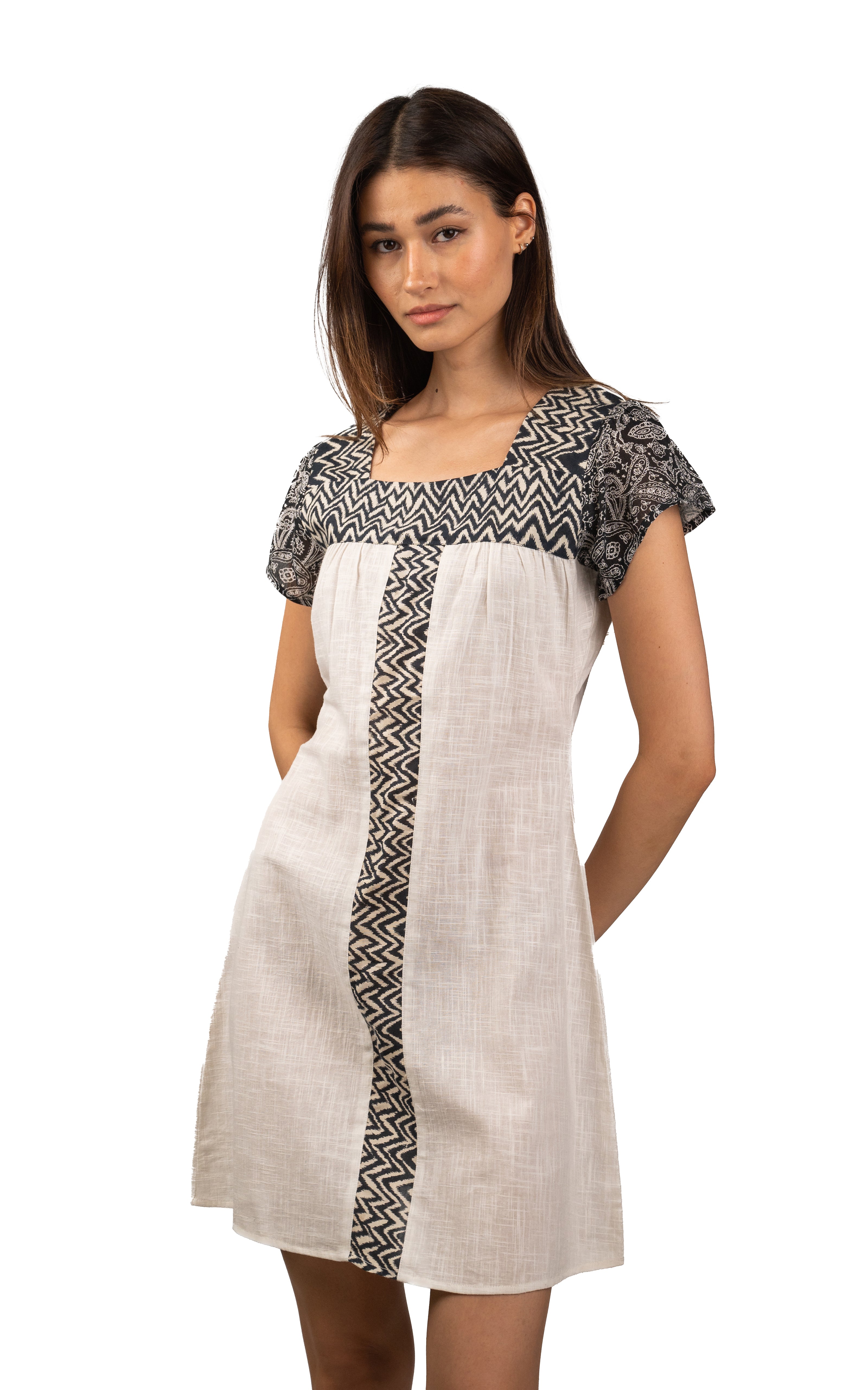 Black and White Dress with Square Neckline and Patterned Contrast