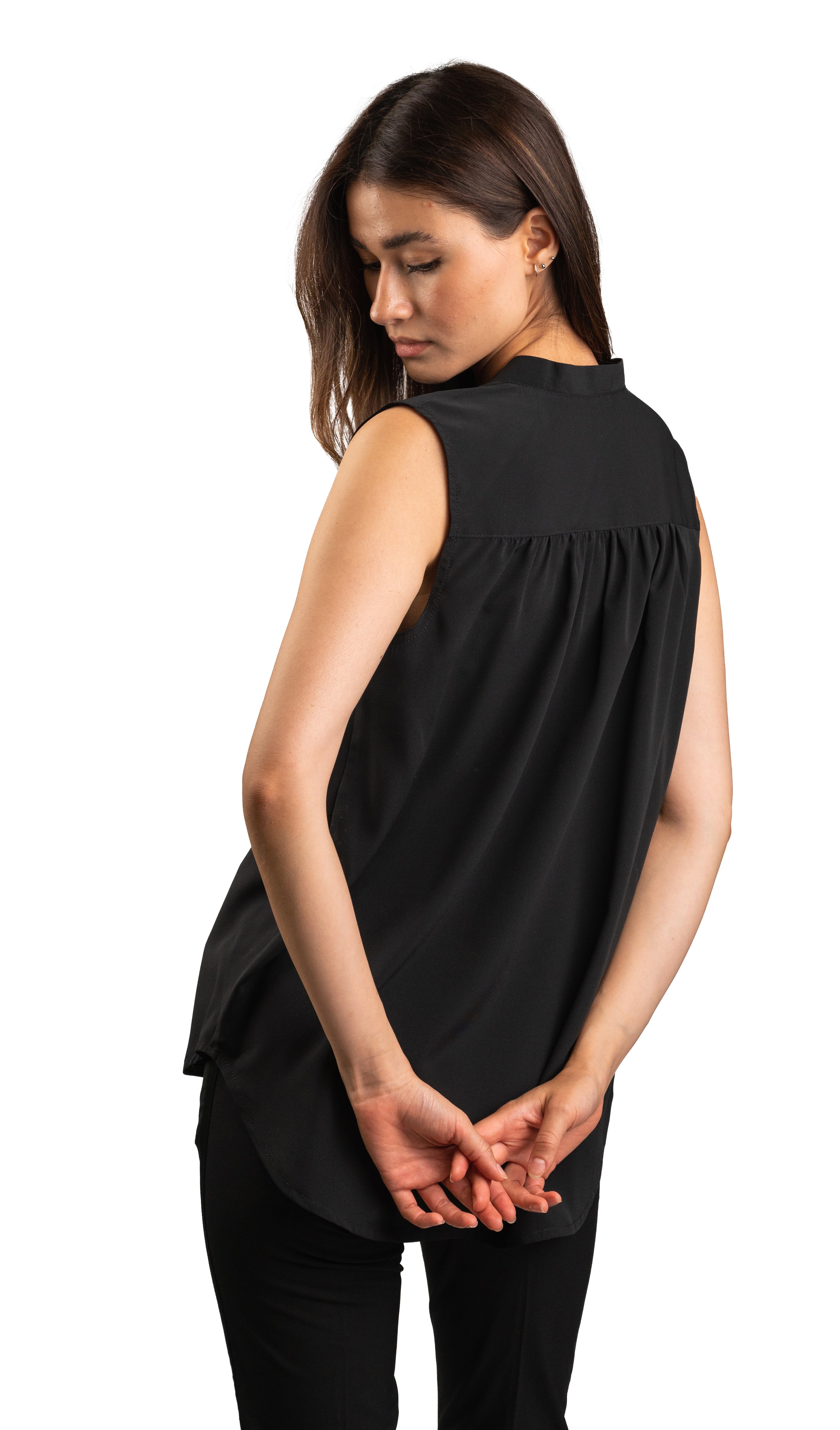 Black Sleeveless Blouse with V-Neckline and Pleated Detail