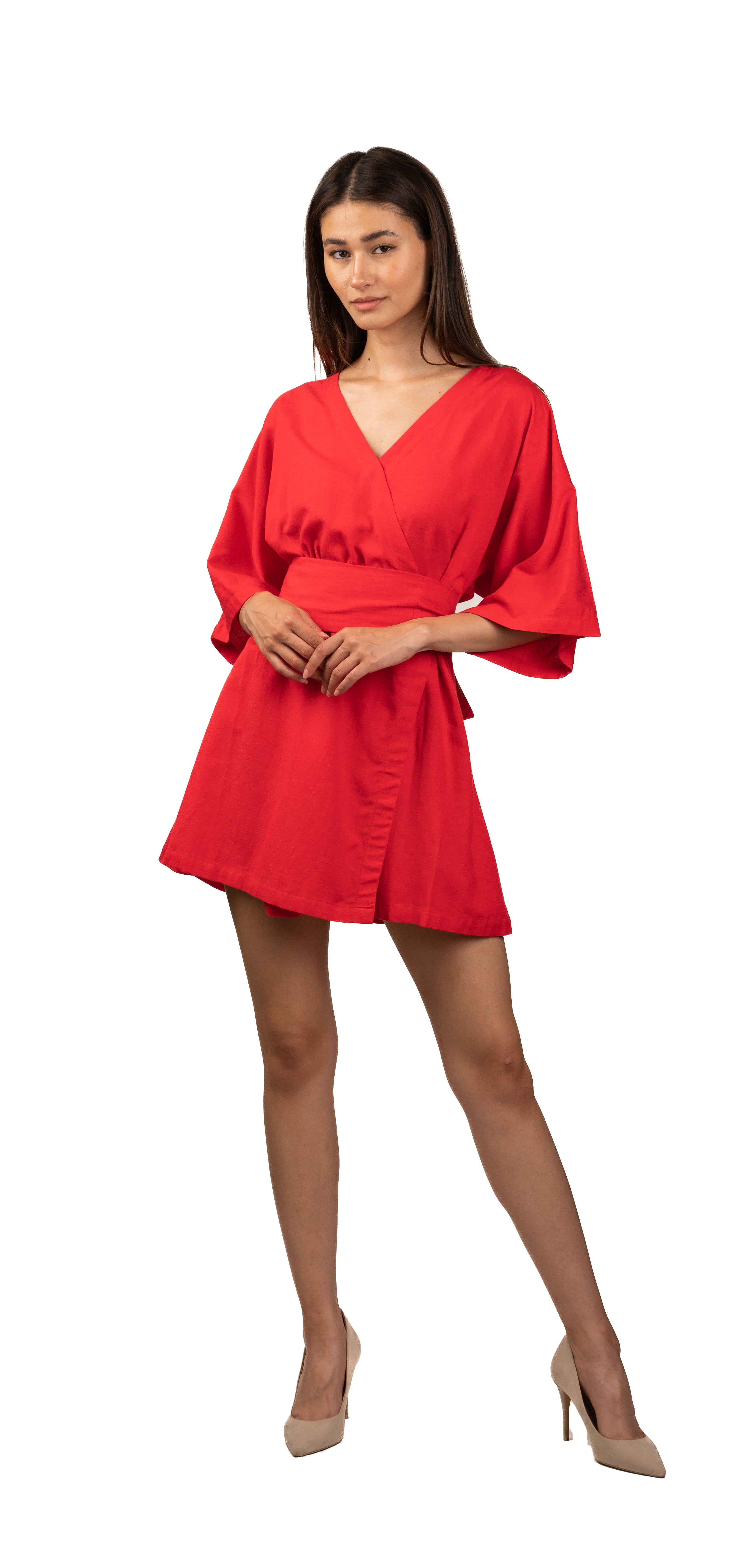 Red Wrap Dress with Waist Tie