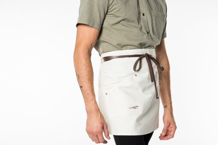 White Leaf Print Bistro Apron with Leather Straps