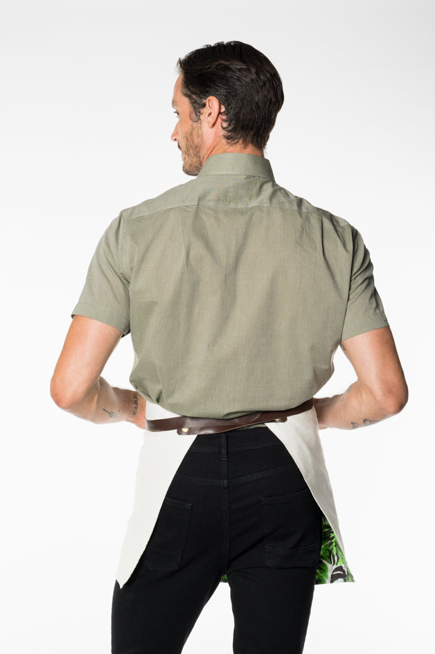 White Leaf Print Bistro Apron with Leather Straps