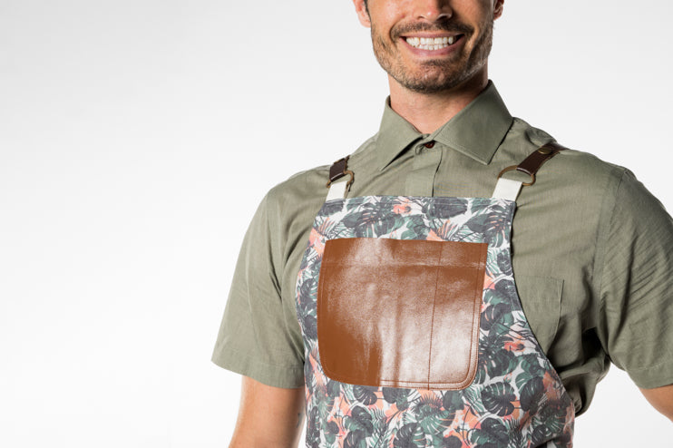 Leaf Printed Apron with Leather Straps