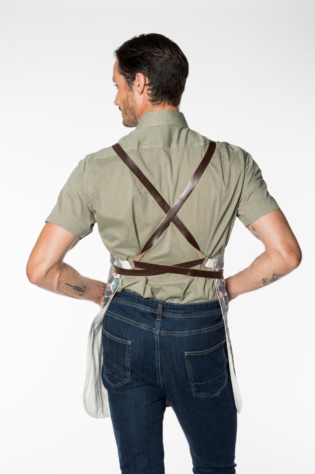 Leaf Printed Apron with Leather Straps