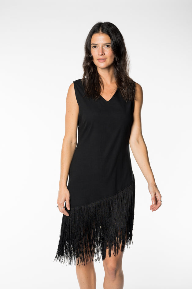 Black Fringe Trim Dress