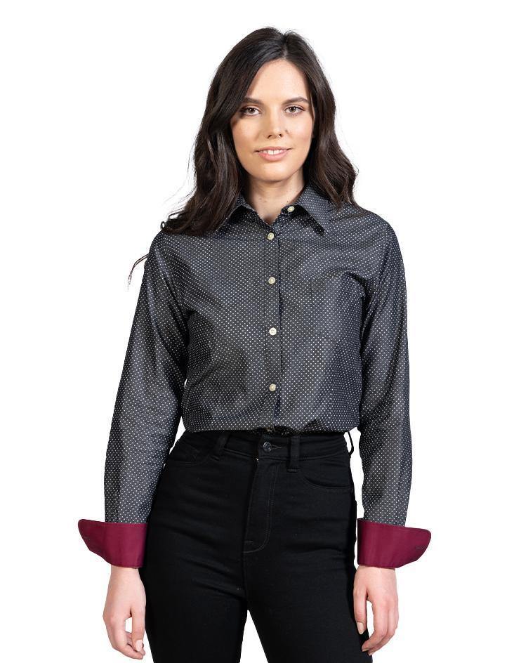 Women’s Black and White Polka Dot Button Front, Collar Dress Shirt - Kloth Studio Inc. - klothstudio.com