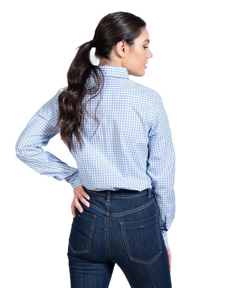 Women’s Blue and White Gingham Button Front, Collar Dress Shirt - Kloth Studio Inc. - klothstudio.com