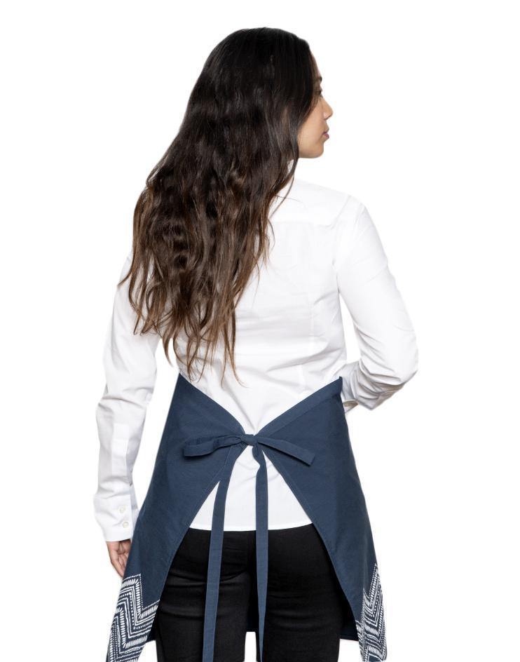 Navy-Blue Knee-Length Bistro Apron with White Details - Kloth Studio Inc. - klothstudio.com