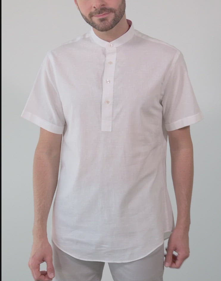 Men's White Linen Henley Short Sleeve Shirt with Pink Inside