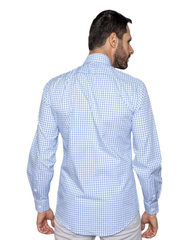 Men’s Blue and White Gingham Button Front, Collar Dress Shirt - Kloth Studio Inc. - klothstudio.com