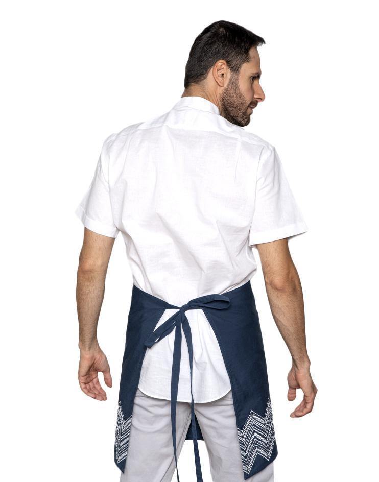 Navy-Blue Knee-Length Bistro Apron with White Details - Kloth Studio Inc. - klothstudio.com