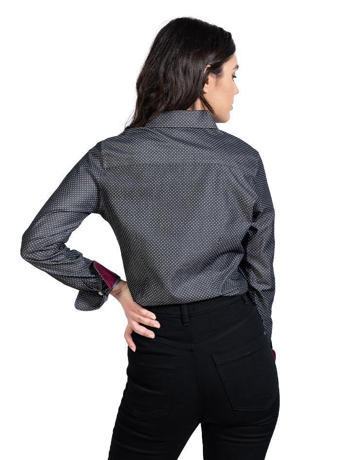 Women’s Black and White Polka Dot Button Front, Collar Dress Shirt - Kloth Studio Inc. - klothstudio.com