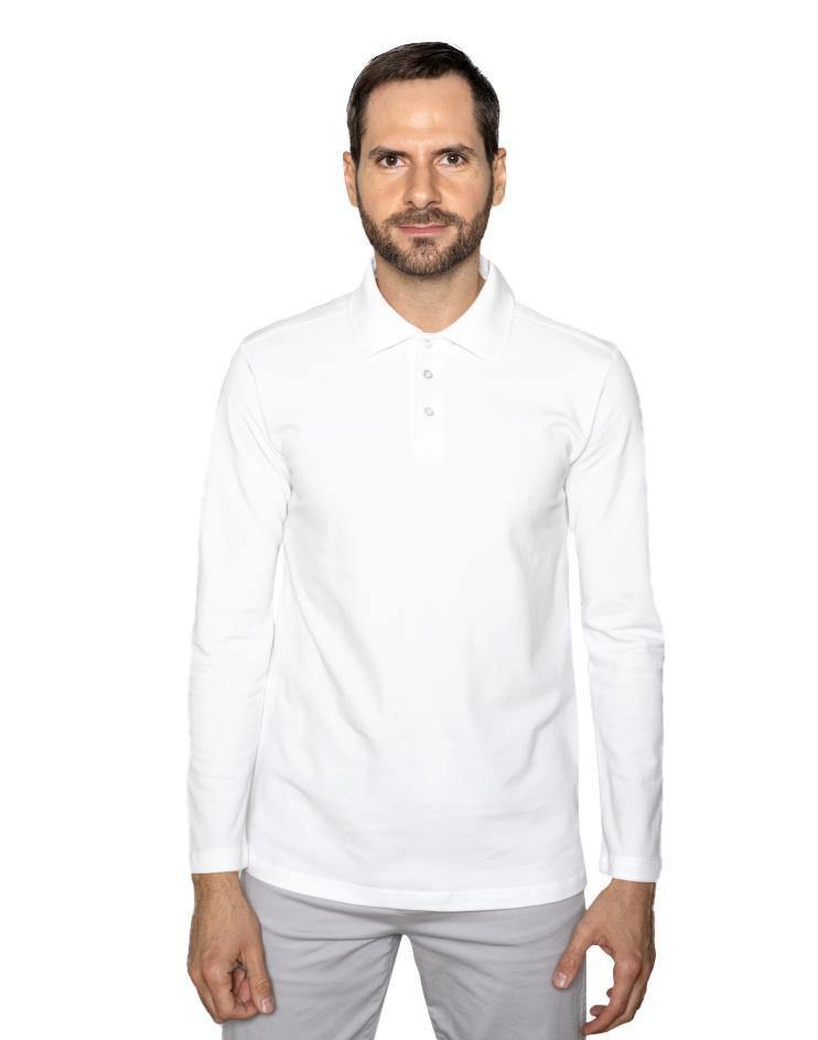 Men’s White Long Sleeve Pique Polo Shirt - Kloth Studio Inc. - klothstudio.com