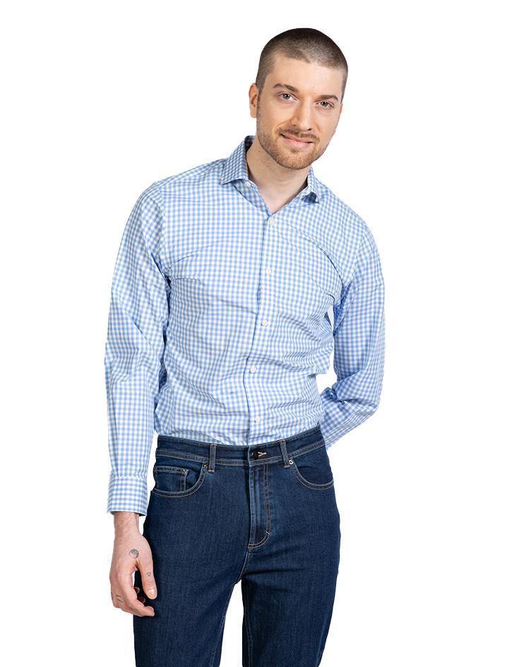 Men’s Blue and White Gingham Button Front, Collar Dress Shirt - Kloth Studio Inc. - klothstudio.com