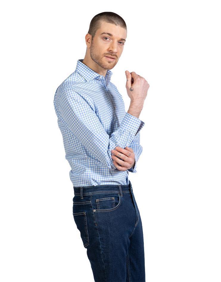 Men’s Blue and White Gingham Button Front, Collar Dress Shirt - Kloth Studio Inc. - klothstudio.com