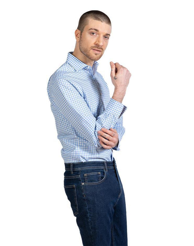 Men’s Blue and White Gingham Button Front, Collar Dress Shirt - Kloth Studio Inc. - klothstudio.com