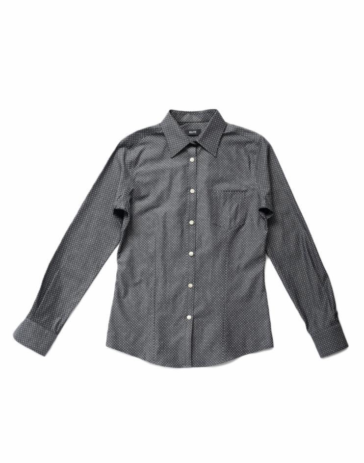 Women’s Black and White Polka Dot Button Front, Collar Dress Shirt - Kloth Studio Inc. - klothstudio.com