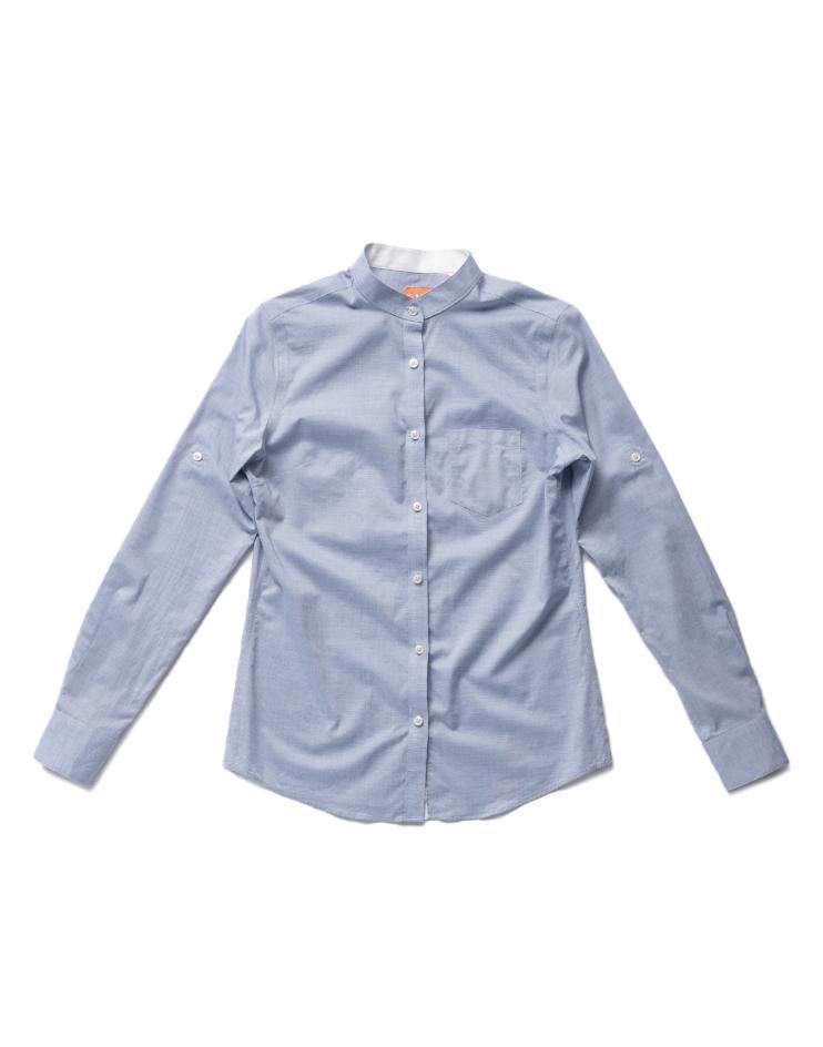 Women's Oxford Blue Button Front, Mandarin Collar Shirt - Kloth Studio Inc. - klothstudio.com