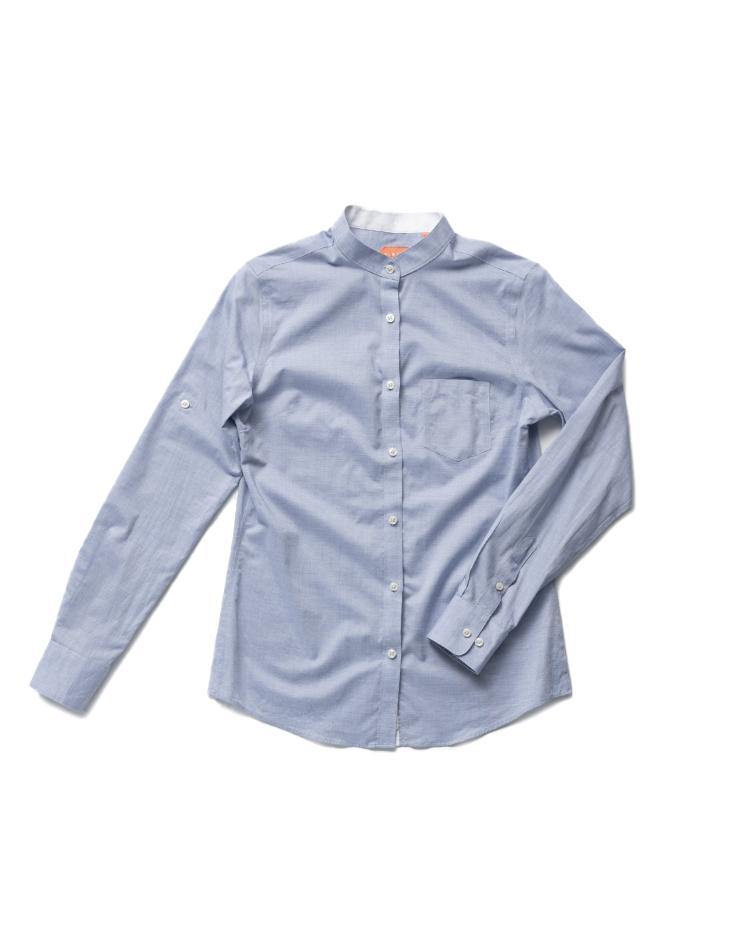 Women's Oxford Blue Button Front, Mandarin Collar Shirt - Kloth Studio Inc. - klothstudio.com
