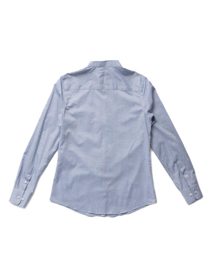 Women's Oxford Blue Button Front, Mandarin Collar Shirt - Kloth Studio Inc. - klothstudio.com