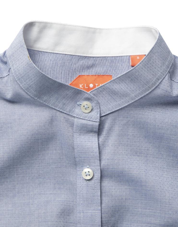 Women's Oxford Blue Button Front, Mandarin Collar Shirt - Kloth Studio Inc. - klothstudio.com