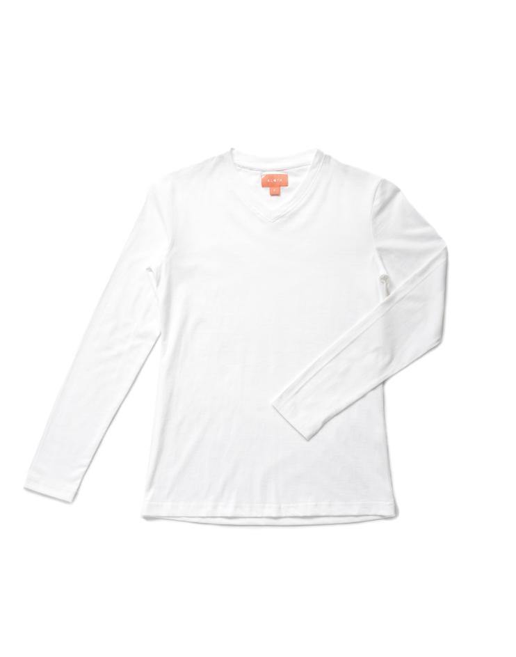 Women’s White Classic Long Sleeve V-Neck Shirt - Kloth Studio Inc. - klothstudio.com