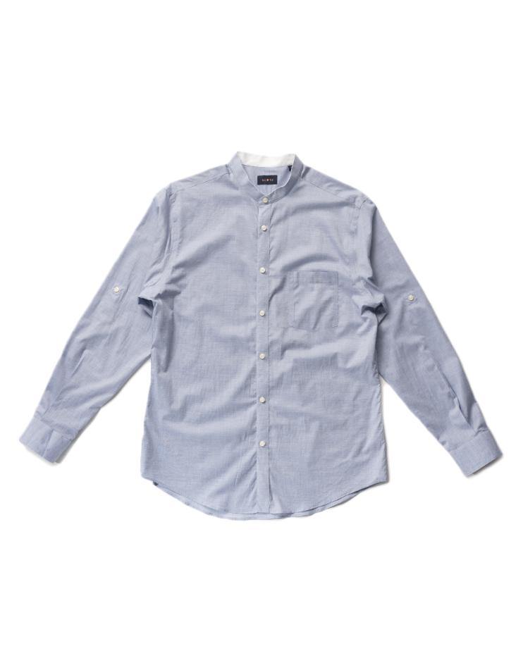 Men's Blue Button Front, Mandarin Collar Shirt - Kloth Studio Inc. - klothstudio.com