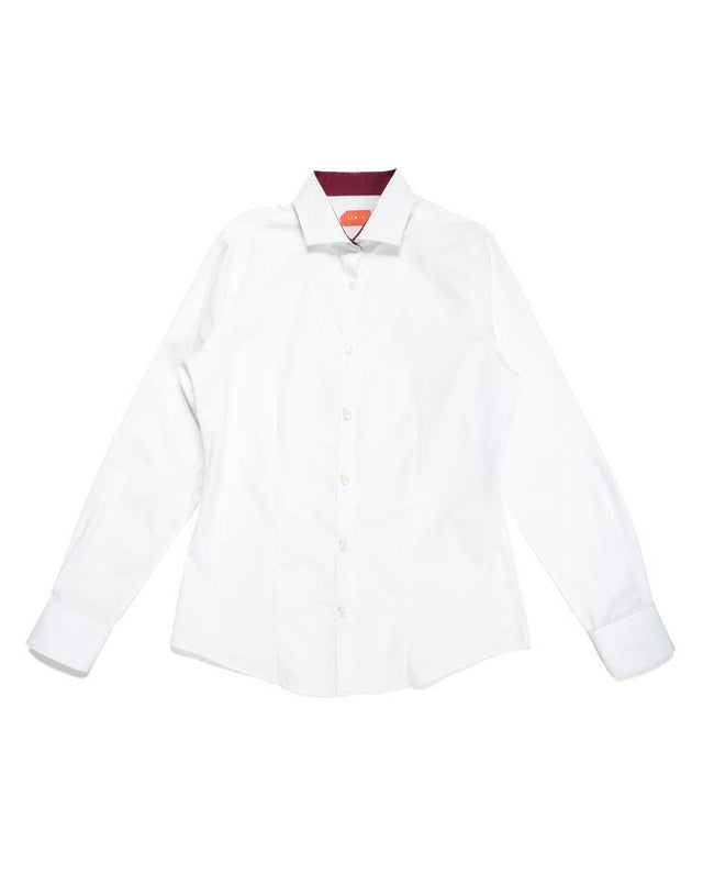 White Collared Shirt with Burgundy Contrast Collar - Kloth Studio Inc. - klothstudio.com