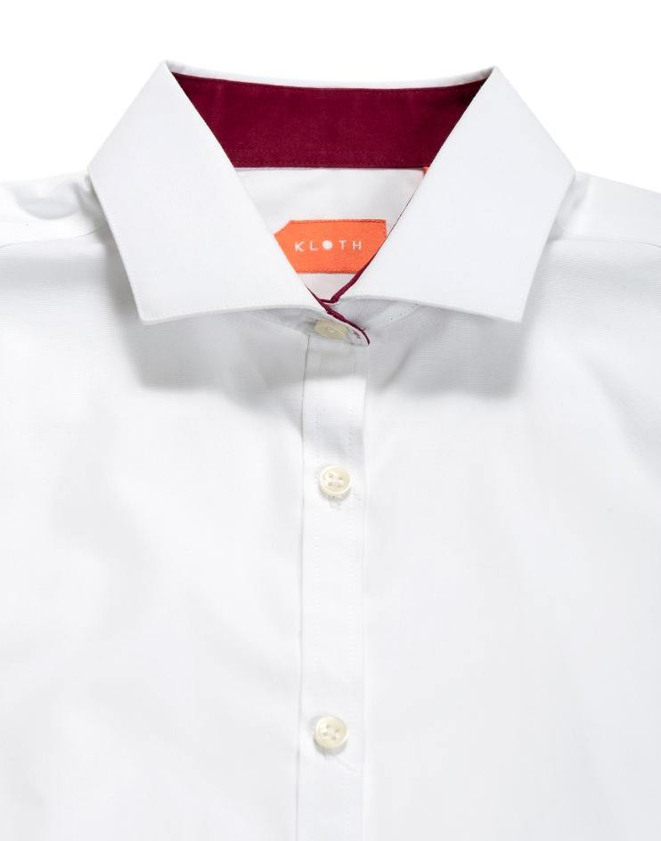 White Collared Shirt with Burgundy Contrast Collar - Kloth Studio Inc. - klothstudio.com