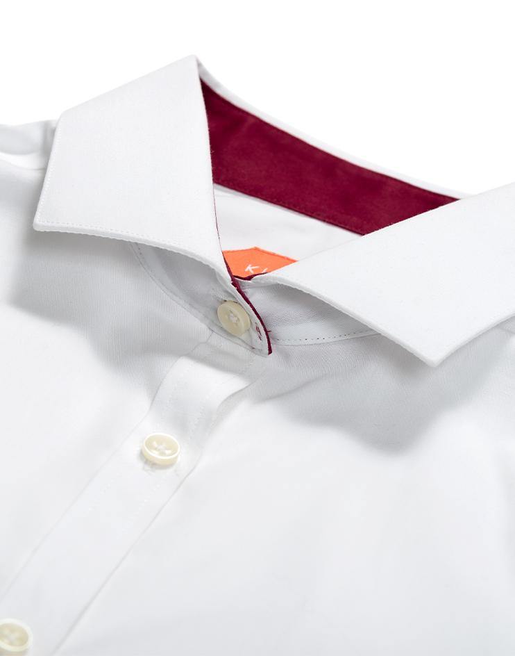 White Collared Shirt with Burgundy Contrast Collar - Kloth Studio Inc. - klothstudio.com