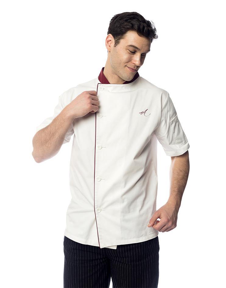 White Chef Jacket with Burgundy Collar and Contrast Piping - Kloth Studio Inc. - klothstudio.com